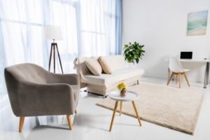Living room order. A brightly lit room with white curtains and a leafy green plant. Modern furniture surround a beige rug.